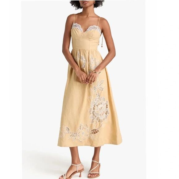 Caroline Constas Dresses & Skirts - Caroline Constas women Golden Beige Embroidered Linen Long Maxi Dress size Small